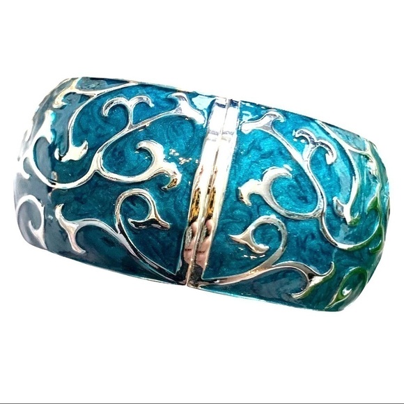 Boutique Blue and Silver Tone Scrollwork Hinge Statement Bracelet One Size - Picture 1 of 16
